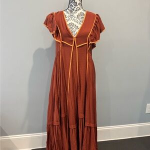 Anthropologie Rust Maxi Dress with Ruffle Sleeves